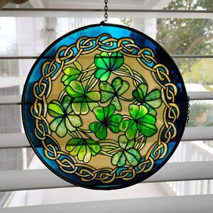 Round Stained Glass Clover Sun Catcher, Celtic Knot, St Patrick's Day, 6.5" READ